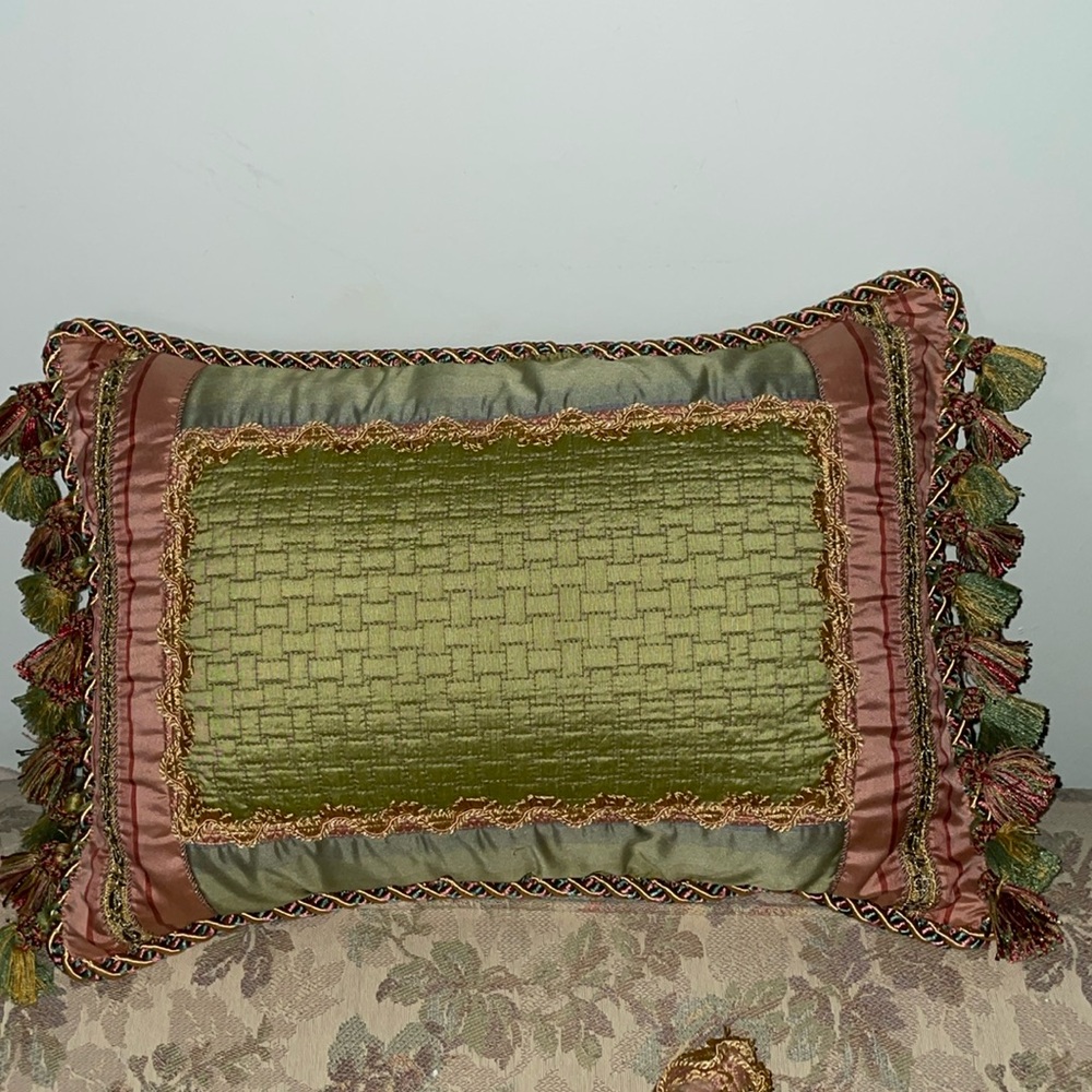 Decorative Pillow & Sham Cover w/3 Fabrics, Cording and Fringe Tassels 16” X 12”